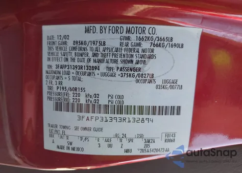 2003 Ford Focus Zx3 z USA, uszkodzony, nr VIN 3FAFP31393R132894